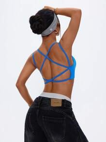 SHEIN Sovereign Charm 无缝高弹力哑光尼龙运动文胸，性感露背瑜伽文胸 - 藍色 - 查看 2