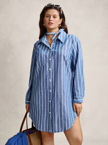 Zelara 加大码蓝白条纹及膝秋季连衣裙，带开领衬衫，淡蓝色连衣裙，女士有袖连衣裙，蓝色返校节连衣裙，舒适棉质商务休闲女式工作服商务连衣裙 - 藍白色 - 查看 5