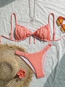 SHEIN Swim Mod Bộ bikini 2 mảnh vải họa tiết xếp nếp buộc nơ phía trước eo xếp ly dễ thương thời trang dự tiệc sinh động - Màu Cam san hô - Xem 3