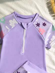 年轻女孩植物印花无袖分体泳衣，夏季海滩度假 - 紫色 - 查看 4