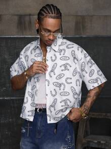 AXEPEAK 男士夏季全印花短袖单排扣休闲衬衫