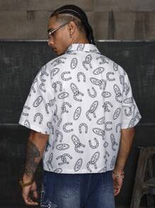 AXEPEAK 男士夏季全印花短袖单排扣休闲衬衫