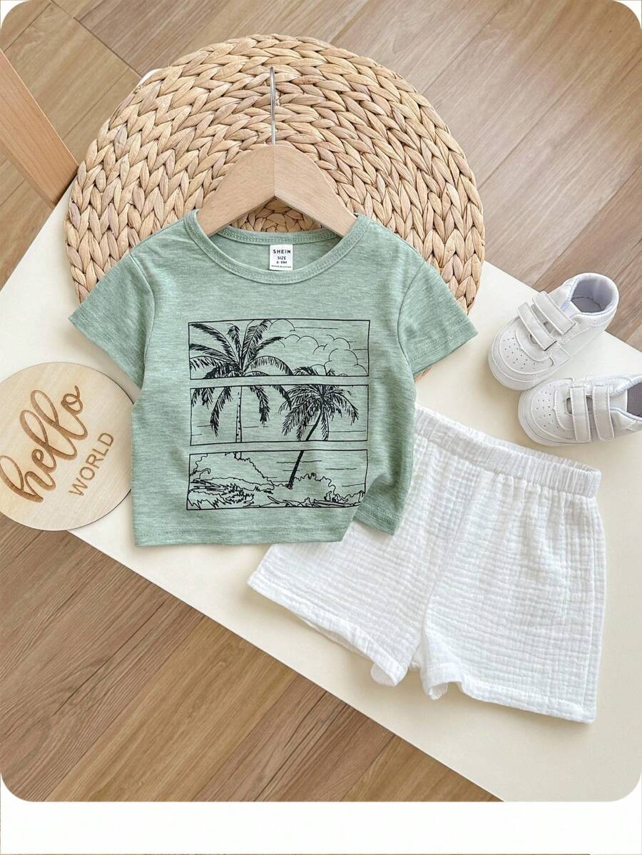 Baby Boy Cartoon Coconut Tree Pattern Knitted Soft Round Neck Short Sleeved Top - Green - View 1