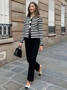 Chiquease Black & White Striped Knit Cardigan, Lightweight Sweater Jacket For Spring/Summer Fall Winter Cloth For Women - Black and White - View 4