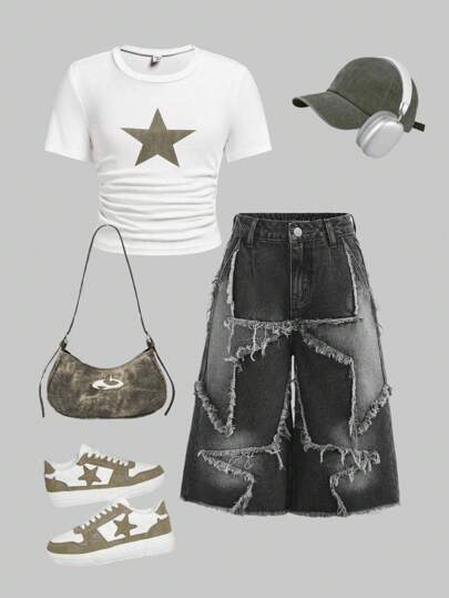 SHEIN Girlism Tween Girls Y2K Vintage Washed Star Patched Printed,Belt Loop, Frayed Edge,Denim Capri Baggy Jeans Long Shorts With Raw Hem, Casual & Fashionable For Everyday Wear,School,Streetwear, Teen Outfit, Aesthetic Clothes, Grunge Clothes, Star Print Outfit Fall Winter