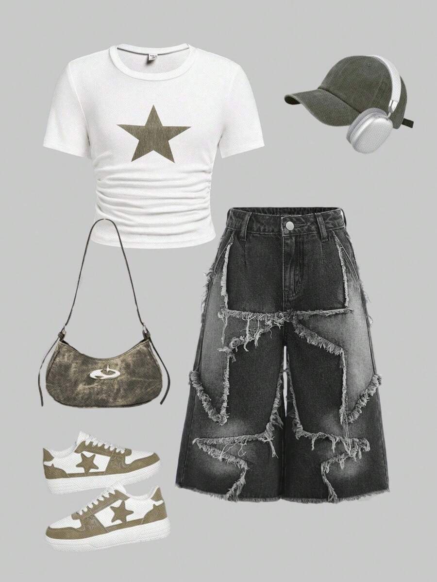 SHEIN Girlism 少女Y2K复古水洗星形图案拼接印花牛仔七分裤，带腰带环，毛边裤脚，宽松休闲长款短裤，适合日常穿着、上学、街头风、青少年穿搭，兼具美学、颓废和星形印花元素，是秋冬季的理想之选。