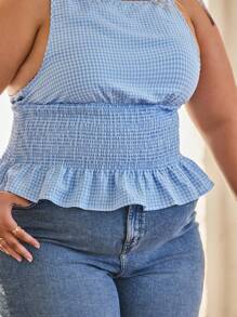 Aralina Top con hombros con lazo, cintura fruncida, estampado de cuadros de , para vacaciones de verano/otoño, tallas grandes - Azul y blanco - Ver 3