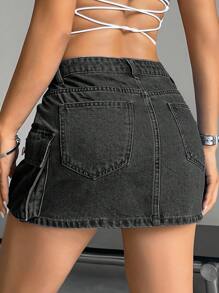 SHEIN PETITE 女款休閒街頭風工裝口袋牛仔裙 - 深灰色 - 查看 2