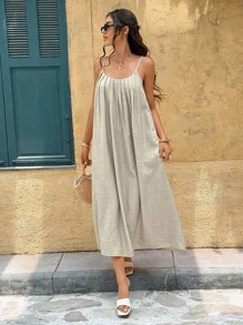 SHEIN Frenchy 女士休闲褶皱腰吊带连衣裙，夏季 - 杏色 - 查看 6