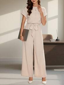 Editum Summer Elegant Women's Blue Cool Linen Pleated Fabric With Shoulder Sleeves And Tied Waist Short Sleeved Jumpsuit, Suitable For Various Occasions, Daily Travel, Outings, Etc - Khaki - View 7