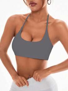 Easithlete 女士纯色挂脖日常健身运动文胸 - 灰色 - 查看 3