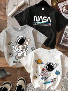 SHEIN Leap Crew 3 件套男童休闲宇航员图案圆领短袖 T 恤，适合夏季
