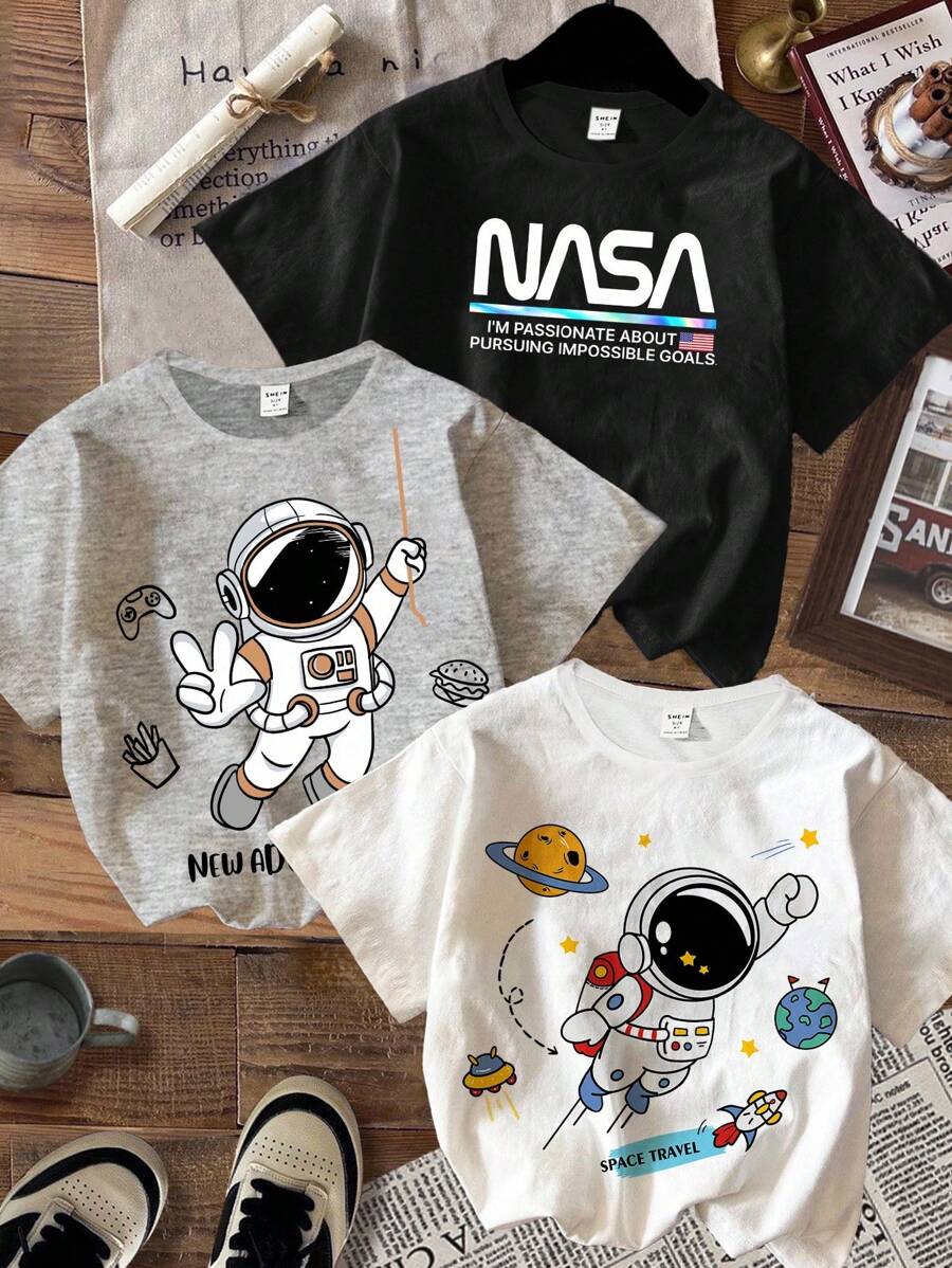 SHEIN Leap Crew 3 件套男童休闲宇航员图案圆领短袖 T 恤，适合夏季