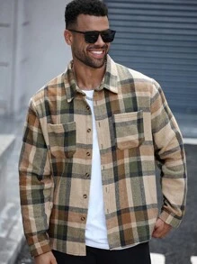 Manfinity Homme Men Plus Size Retro Casual Plaid Patch Pocket Front Button Long Sleeve Shacket, Flannel Shacket ,Fall, Winter
