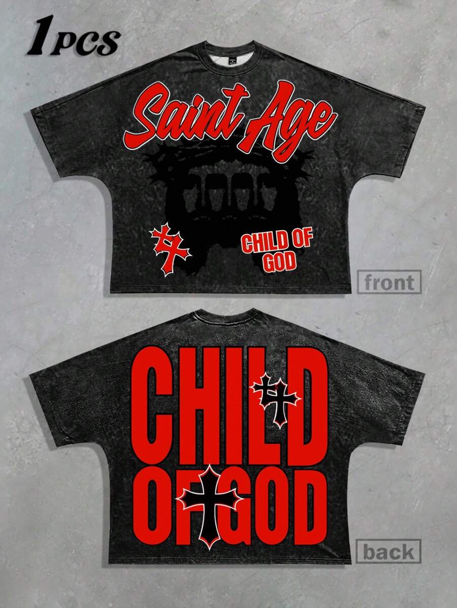 Manfinity Roghcode 男士休闲破洞字母图案圆领短袖T恤，夏季 - 彩色 - 查看 1