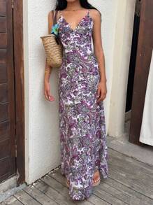 Sunnyshic Vestido largo con escote en V y espalda descubierta con estampado de paisley de playa - Rojo violeta - Ver 3