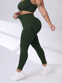 SHEIN Rhythm Era Quần thể thao tập yoga cạp cao màu trơn cỡ lớn cho nữ - Màu xanh lá cây đậm - Xem 5