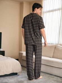 CoupledUp 格子印花撞色边开领男士休闲睡衣套装 - 黑色 - 查看 3