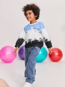 SHEIN 2 piezas Suéter de cuello redondo con estampado de ombré energético para niño pequeño, combinado con vaqueros casuales clásicos, outfit - Azul - Ver 5