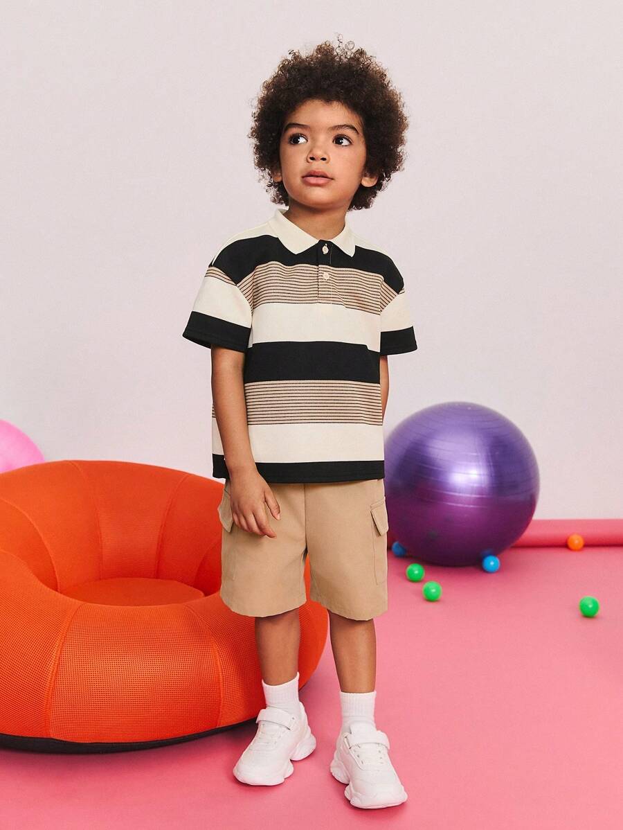 Leap Crew Leap Crew 2pcs/Set Young Boy Casual Striped Polo Shirt And Shorts Set Boys Striped Polo Shirt And Shorts ,Back To School Season, Christmas