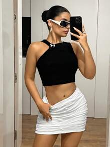 SHEIN ICON Sexy White Ruched Bodycon Mini Skirt - White - View 6