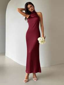 Aloruh 女式性感优雅长款缎带露背修身缎面连衣裙 - 酒紅色 - 查看 6