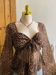 Comfortcana 大码女式复古豹纹泡泡袖圆领上衣，秋冬