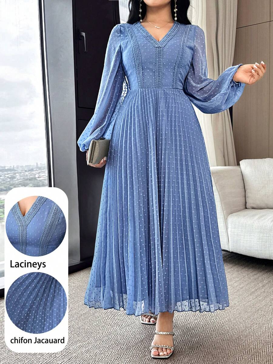 Feyla 女士波尔卡圆点印花褶饰V领优雅长袖中长连衣裙