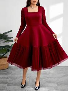 Modelyn Plus Size Elegant Party Ruched Flare Sleeve Dress - Burgundy - View 6