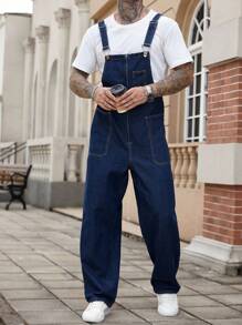 Manfinity Homme Men's American Style High-End Casual Loose Fit Bib Overall Denim Jumpsuit, Versatile For Autumn/Winter - Blue - View 6