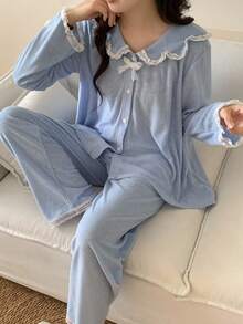 青少年女孩淺藍色純色寬鬆蕾絲飾邊蝴蝶結長袖上衣與長褲睡衣套裝，柔軟睡衣，秋季，仙女風，家庭套裝 - 淺藍色 - 查看 5