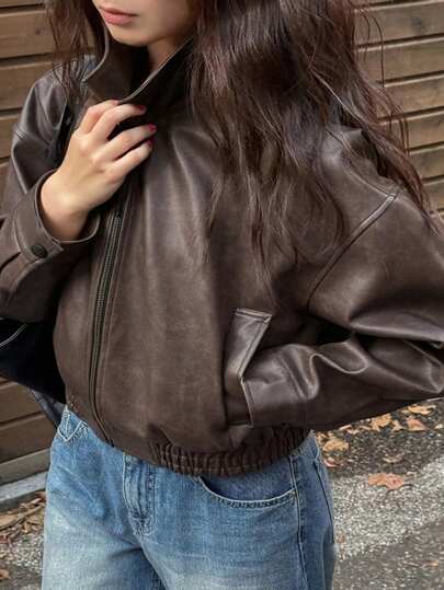 Dazy Plus Spring & Autumn New Vintage Style Short Faux Leather Jacket For Women, Plus Size Regular Fit Bomber Jacket For Valentine's Day,Fall Women Clothes