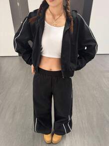 SHEIN 少女休闲舒适宽松连帽衫、开衫、背心和裤子套装 - 黃色 - 查看 3