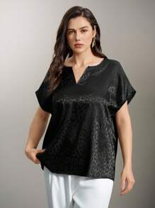 Flouryn Maglietta A Maniche A Pipistrello Con Collo A V In Jacquard Di Leopardo Di Colore Solido E Taglia Forte, Con Dettagli Di Vuoti - nero - Visualizzare 3