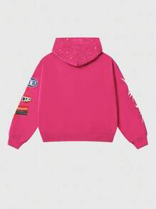 ROMWE MEN Prep Spring/Summer Casual Graphic Pink Men's Loose Short Sweatshirt With Shiny Sequin Decor, Streetwear, Fall, Y2K - Hot Pink - View 3