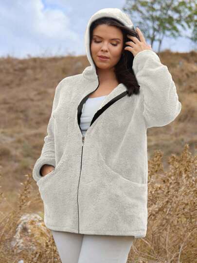 EURMUSE Plus Casual Solid Black Teddy Fur Zipper Hoodie Jacket