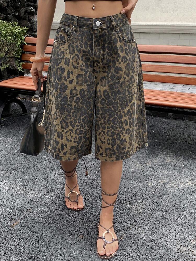 Women's Leopard Print Cropped Jeans Casual Shorts