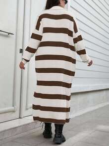 EURMUSE Plus Size Two-Tone Striped Pattern Drop Shoulder Loose Half Zip Up Oversized Sweater Dress - Brown - View 3
