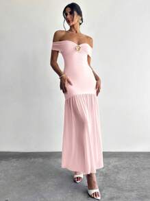 Firerie 女士优雅仙女粉色单肩金属连衣裙/长裙/毕业礼服海滩度假，奶油黄色连衣裙/花园派对和其他场合/女士骄傲服装/女士假期服装/斯德哥尔摩风格/生日礼服/返校礼服，返校服装，女士办公室服装，返校服装 - 粉色 - 查看 7