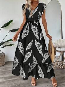 SHEIN LUNE V领荷叶袖喇叭下摆长款连衣裙，度假休闲印花无袖女士长裙，适合外出穿着，秋季服装