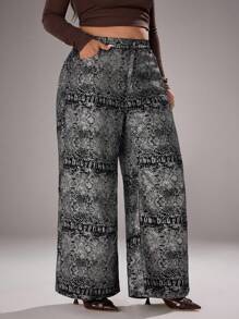 SHEIN ICON Plus Size Women's Casual Wide Leg Jeans, All Season - Black - View 6