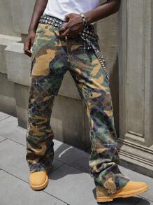 ROMWE MEN Street Life Men's Sparkling Diamond Layered Flare Camouflage Jeans - Multicolor - View 4