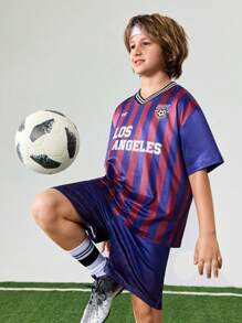 JNSQ 返校青少年男孩户外运动宽松 T 恤和短裤套装，儿童 V 领趣味字母印花超大针织 T 恤和短裤套装，秋季 - 彩色 - 查看 2