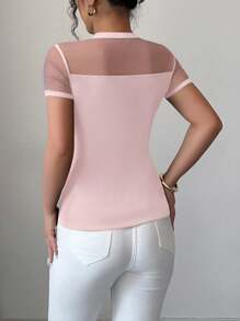 Elenzga Women's 2025 Summer Solid Color Versatile Mesh Patchwork Round Neck Short Sleeve T-Shirt