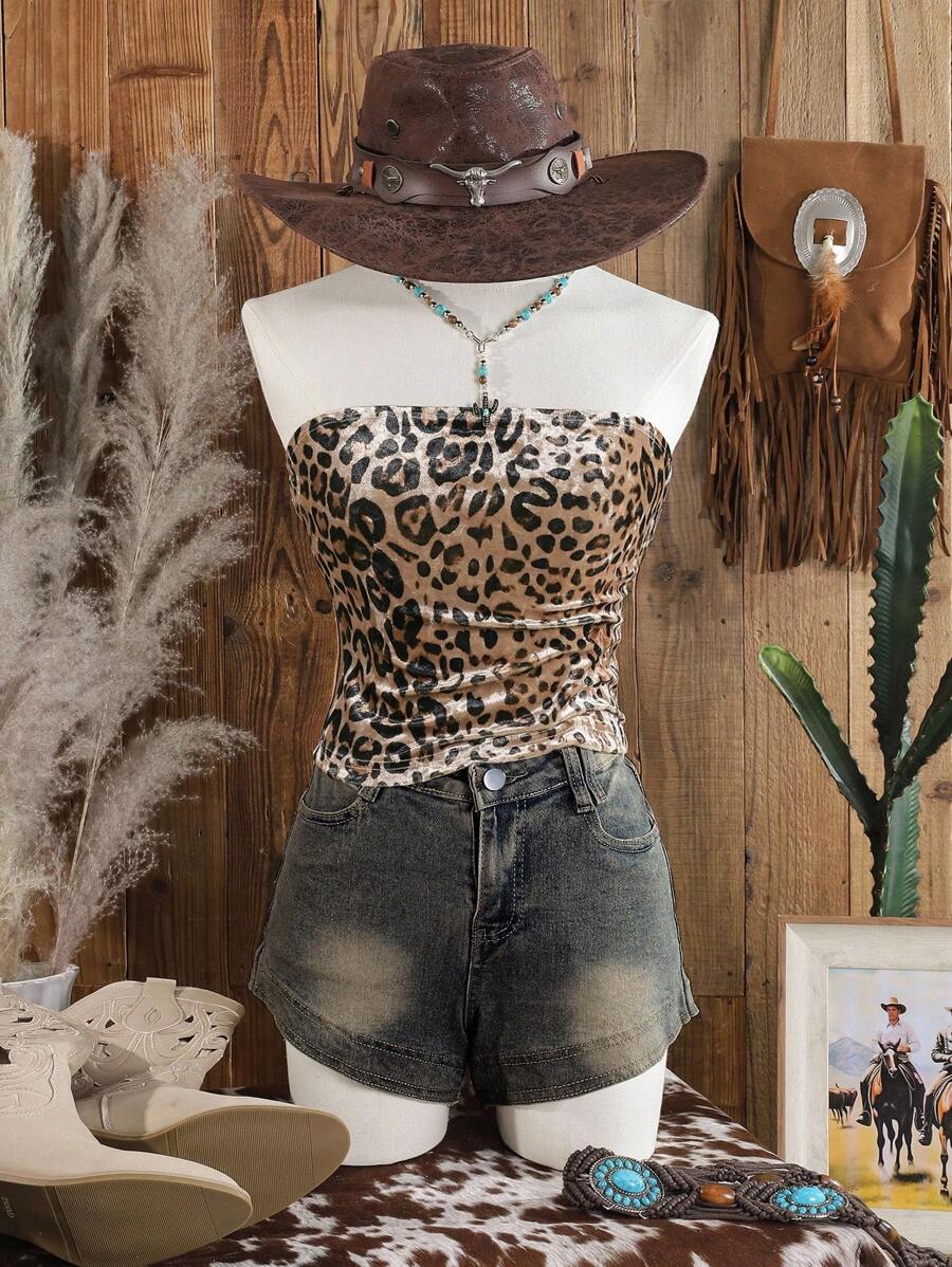 Muchica 女士休闲豹纹天鹅绒紧身抹胸，适合秋冬打底