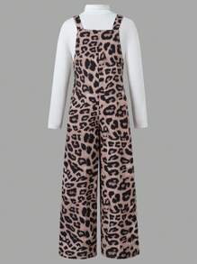 SHEIN 1 件 Tween Girl 时尚豹纹连体裤，不含 T 恤 - 棕色 - 查看 2