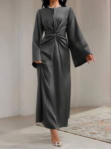 Veilorie 1pc Women's Casual Arabian Modest Long Sleeve Dress, Minimalist Fashion For Daily Wear Long Evening Dresses