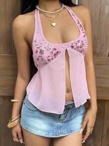 Sunnyshic Women's Summer Vacation Casual Embroidered Sequin Fabric Halter Backless Bowknot Camisole - Pink - View 3