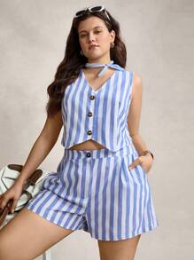 Zelara 大码老钱风格蓝白条纹前扣女式两件套教师服教师服装女士服装套装舒适棉质旅行装机场 - 藍白色 - 查看 3