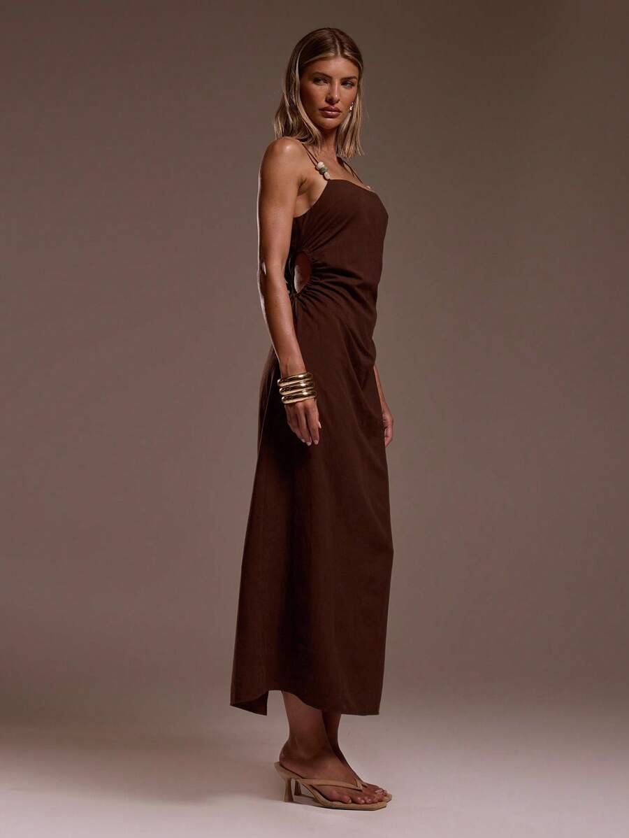 MUSERA 串珠吊带直筒长裙，夏季伊比沙岛风情，适合度假、性感海滩、浪漫优雅场合、生日、波西米亚风、拉菲草编发，秋冬皆宜。 - 咖啡 - 查看 1